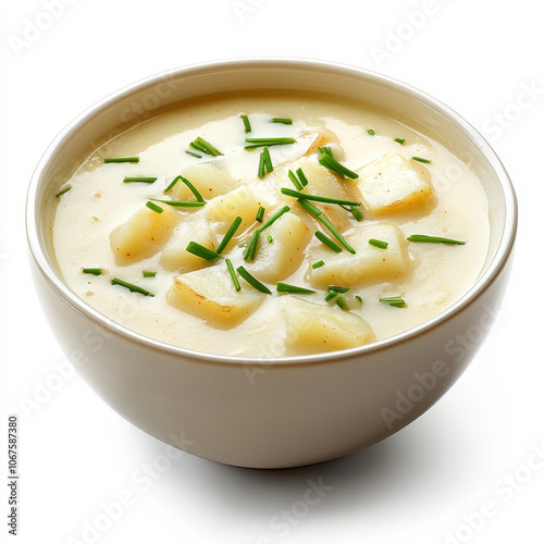 A bowl of creamy potato soup with chives, isolated on a white background, emphasizing a comforting dish photo