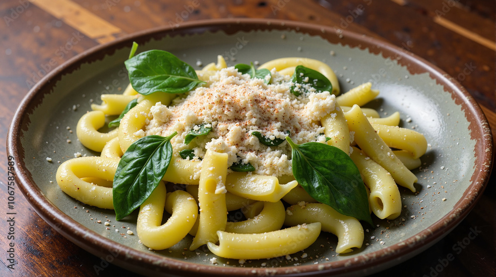 Spinach ricotta pasta on rustic plate Spinach ricotta pasta on rustic plate