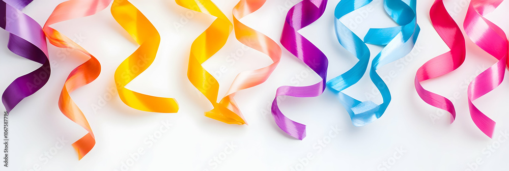 Colorful festive ribbons dancing in celebration against a white backdrop Colorful festive ribbons dancing in celebration against a white backdrop