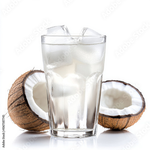 A glass of coconut water with ice, isolated on a white background, emphasizing a hydrating drink photo