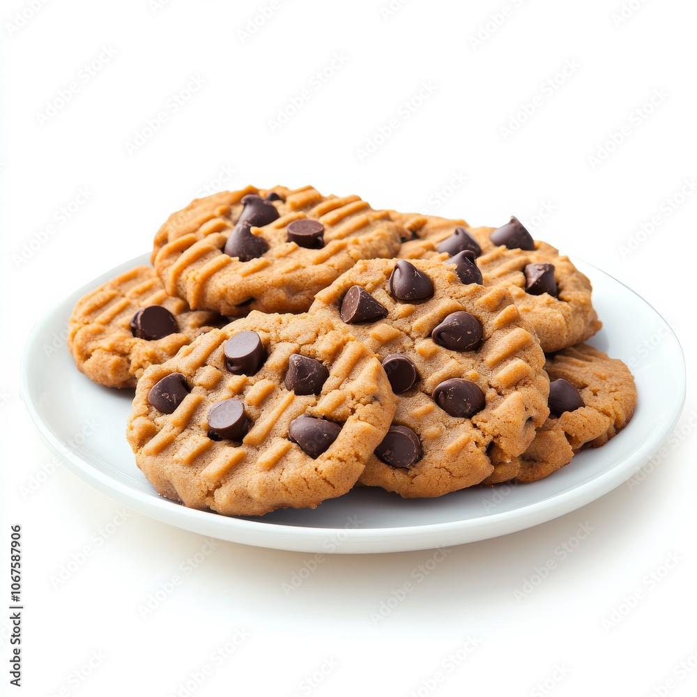 A plate of peanut butter cookies with chocolate chips, isolated on a white background, highlighting a sweet snack A plate of peanut butter cookies with chocolate chips, isolated on a white background, highlighting a sweet snack