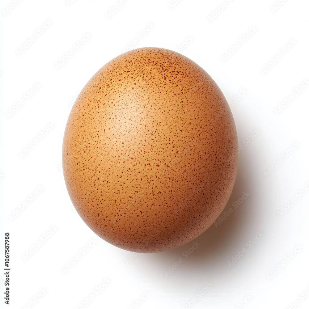 A single brown egg with visible texture, isolated on a white background, emphasizing a simple ingredient