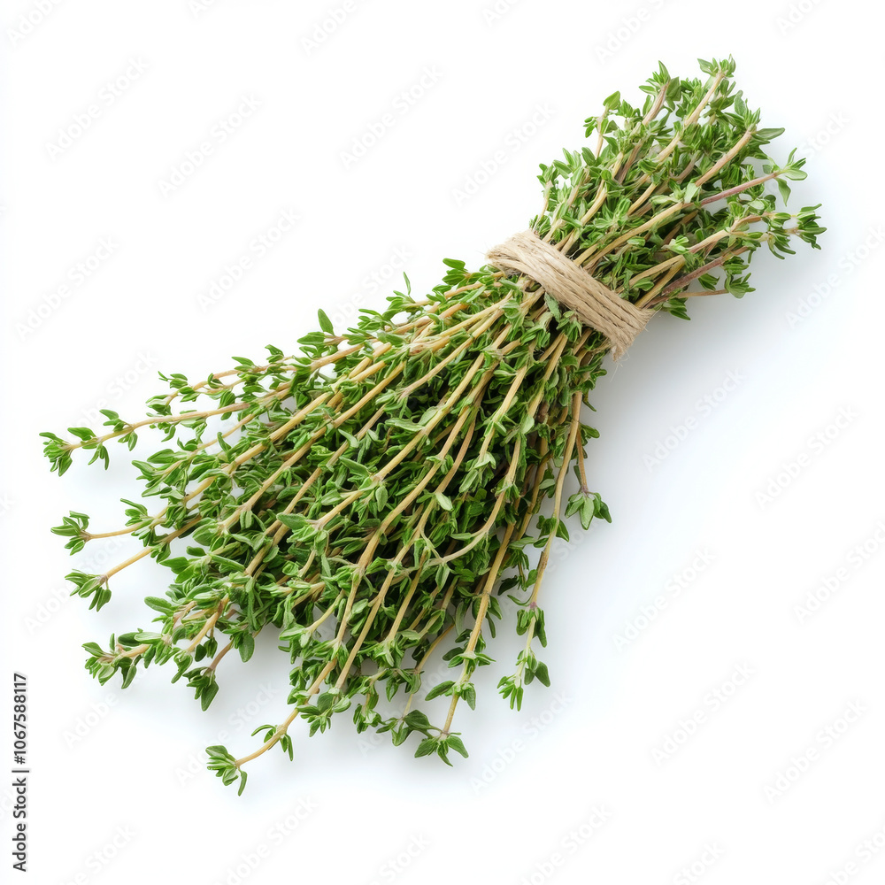 A bunch of fresh thyme sprigs, isolated on a white background, showcasing an aromatic herb A bunch of fresh thyme sprigs, isolated on a white background, showcasing an aromatic herb