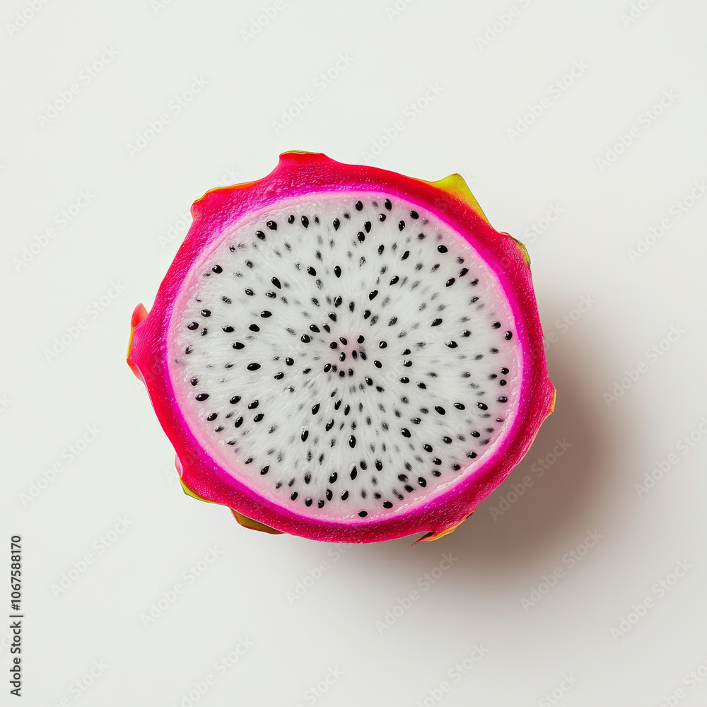 A fresh dragon fruit cut in half, isolated on a white background, highlighting the vibrant pink skin and white flesh with black seeds A fresh dragon fruit cut in half, isolated on a white background, highlighting the vibrant pink skin and white flesh with black seeds