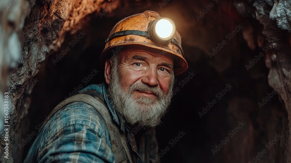 Fototapeta premium An experienced miner working in a dark tunnel, sporting a headlamp and a notably dusty face from hard labor