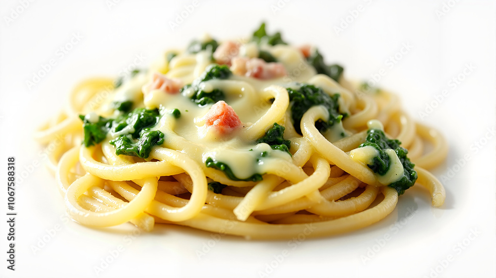 Spinach ricotta pasta with creamy sauce on white plate Spinach ricotta pasta with creamy sauce on white plate
