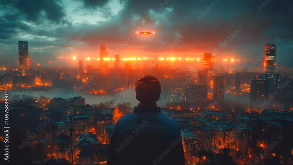 A man stands atop a hill, watching an alien spacecraft hover over a glowing city at dusk A man stands atop a hill, watching an alien spacecraft hover over a glowing city at dusk