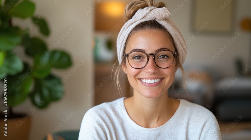 A cheerful woman wears a headband and glasses, smiling warmly in an indoor setting, creating a sense of joy and friendliness in a comfortable living space. A cheerful woman wears a headband and glasses, smiling warmly in an indoor setting, creating a sense of joy and friendliness in a comfortable living space.