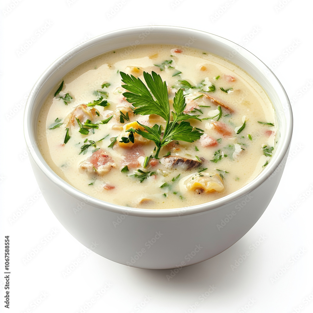 A bowl of creamy clam chowder with fresh herbs, isolated on a white background, highlighting a hearty seafood soup A bowl of creamy clam chowder with fresh herbs, isolated on a white background, highlighting a hearty seafood soup