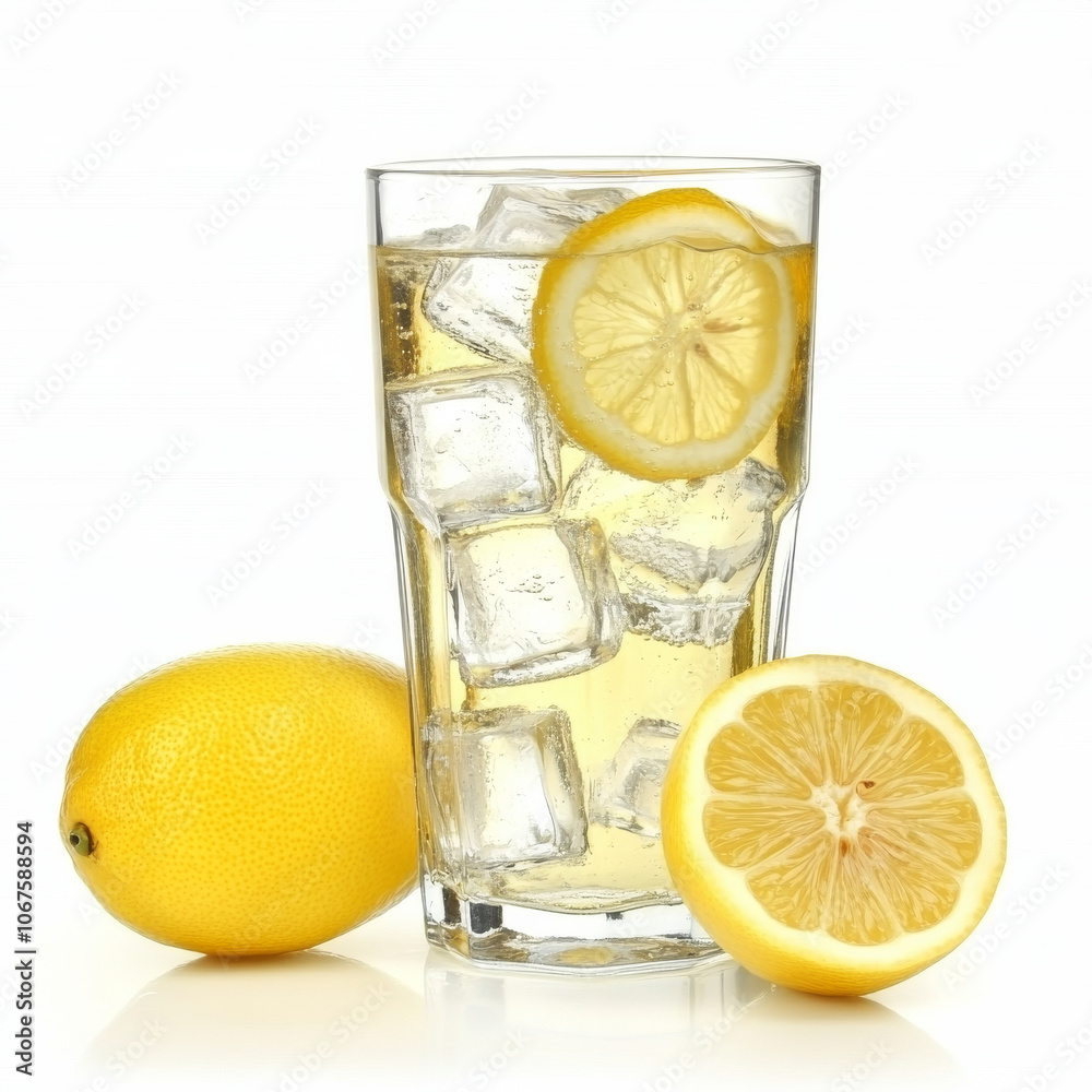 A glass of cold lemonade with ice cubes and a lemon slice, isolated on a white background, emphasizing a refreshing beverage A glass of cold lemonade with ice cubes and a lemon slice, isolated on a white background, emphasizing a refreshing beverage