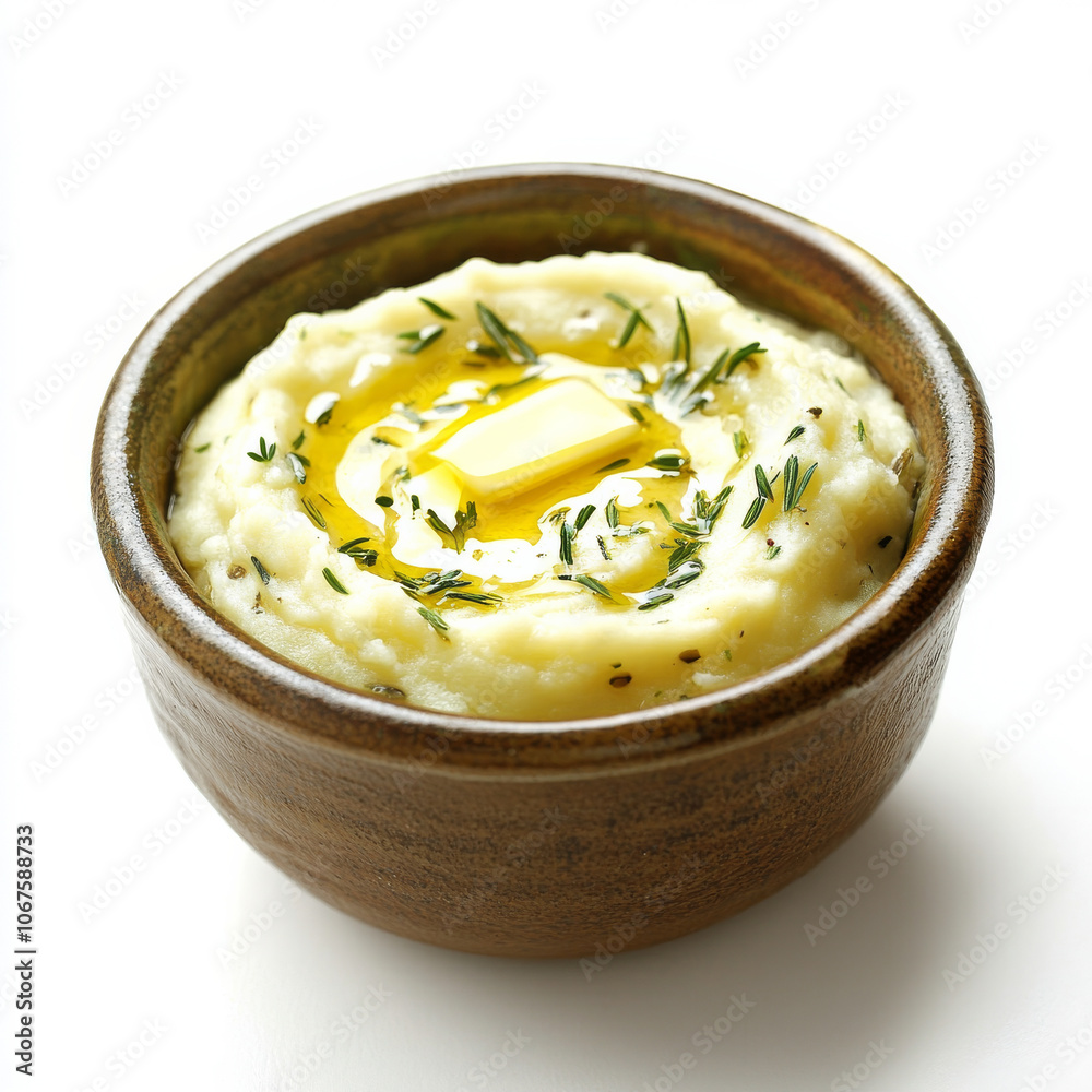 A small bowl of creamy mashed potatoes with butter, isolated on a white background, highlighting a comforting side dish A small bowl of creamy mashed potatoes with butter, isolated on a white background, highlighting a comforting side dish