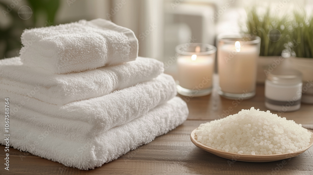 Spa assortment with towels, candles, and bath salts Spa assortment with towels, candles, and bath salts