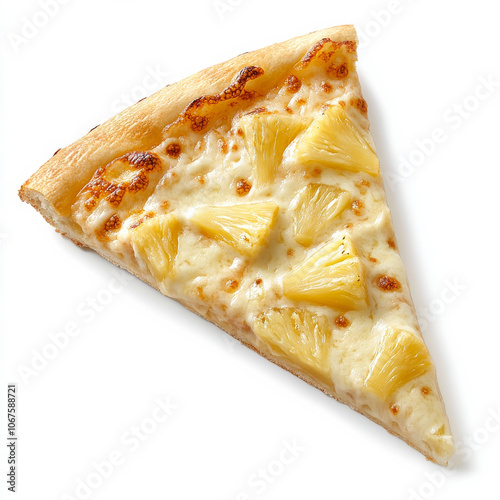 A slice of pineapple pizza with visible toppings, isolated on a white background, highlighting a unique pizza choice