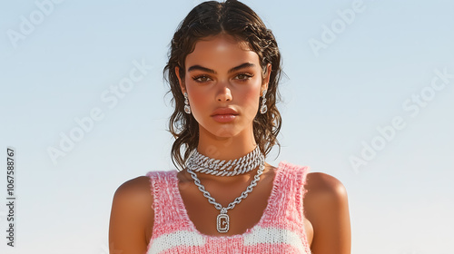 Fashion model wearing a pink knitted top with statement jewelry