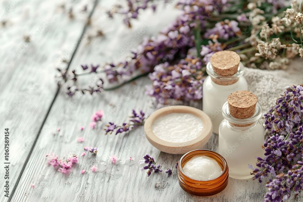 Natural spa essentials with lavender on rustic wooden surface in serene, calming setting
