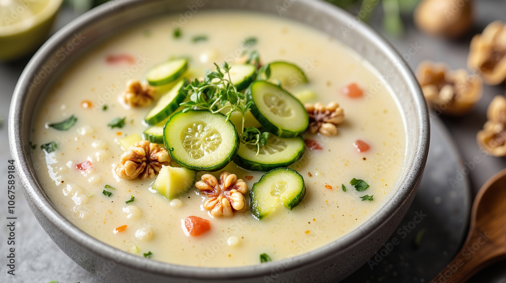 Tarator cucumber soup with walnuts in gray bowl Tarator cucumber soup with walnuts in gray bowl