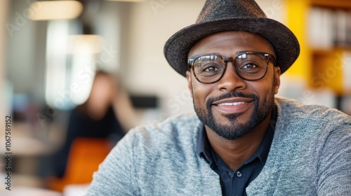 A smiling man in a hat and glasses indoors, exuding warmth and friendliness as he sits comfortably, showcasing a casual yet engaging demeanor.