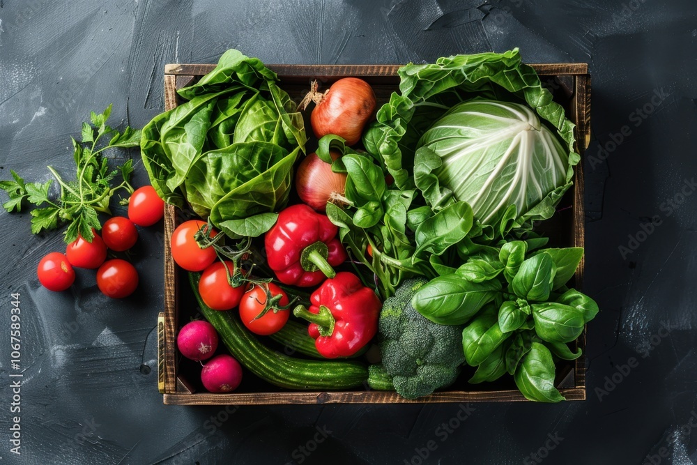 Fresh farm-to-table vegetable box with tomatoes, broccoli, basil, and greens for healthy eating Fresh farm-to-table vegetable box with tomatoes, broccoli, basil, and greens for healthy eating