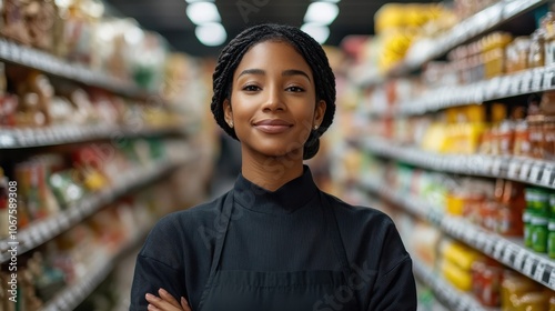 A woman with braided hair smiles warmly in a grocery store aisle. Her friendly demeanor and casual attire create a welcoming and relatable atmosphere.