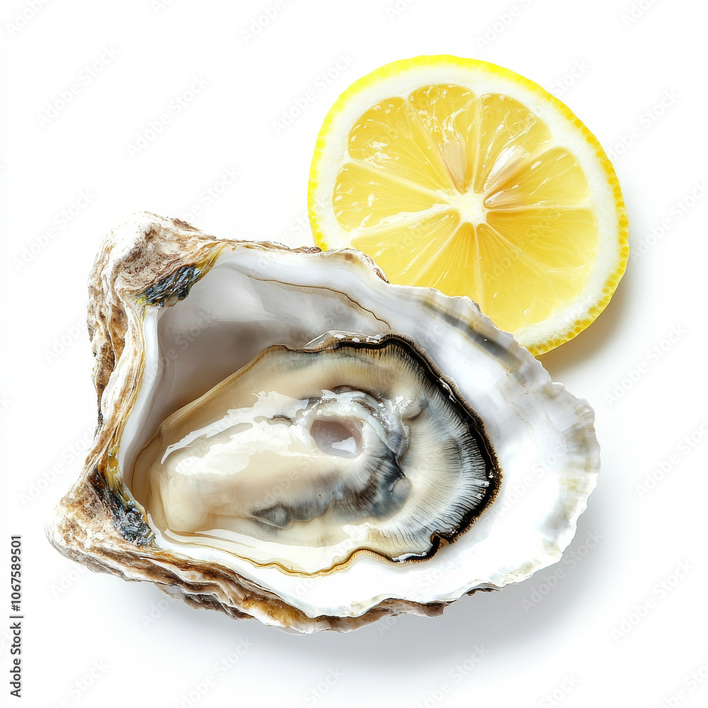 A fresh oyster with lemon slice, isolated on a white background, showcasing a popular seafood delicacy A fresh oyster with lemon slice, isolated on a white background, showcasing a popular seafood delicacy