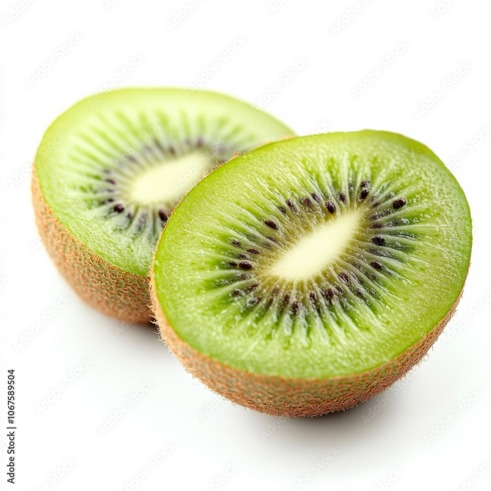 A single fresh kiwi cut in half, isolated on a white background, emphasizing the bright green flesh and seeds of this tropical fruit A single fresh kiwi cut in half, isolated on a white background, emphasizing the bright green flesh and seeds of this tropical fruit