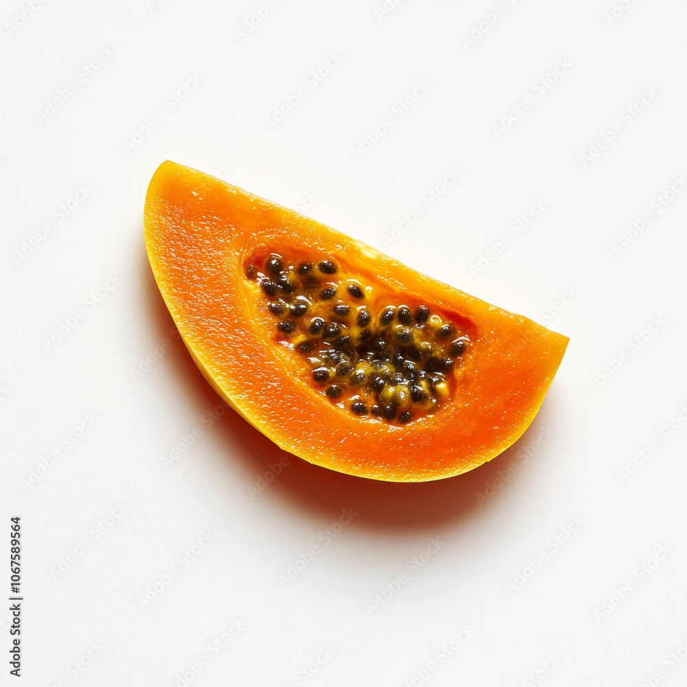 A slice of fresh papaya with seeds, isolated on a white background, showcasing its vibrant orange color A slice of fresh papaya with seeds, isolated on a white background, showcasing its vibrant orange color