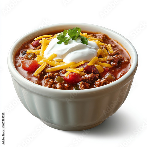 A bowl of hearty beef chili with cheese and sour cream, isolated on a white background, emphasizing a comforting meal photo