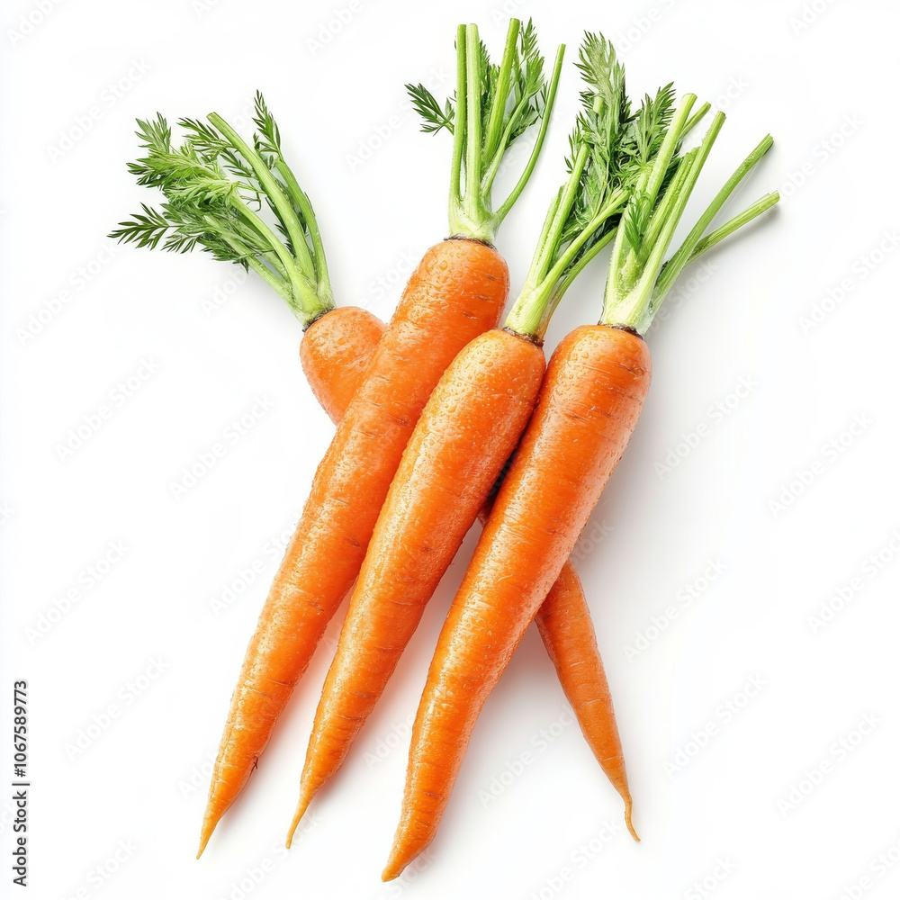 A bunch of freshly washed carrots with green tops, isolated on a white background, highlighting a crunchy vegetable A bunch of freshly washed carrots with green tops, isolated on a white background, highlighting a crunchy vegetable
