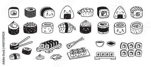 Sushi funny doodle set. Japanese hand drawn Food Sketch Icons. Kawaii drawing