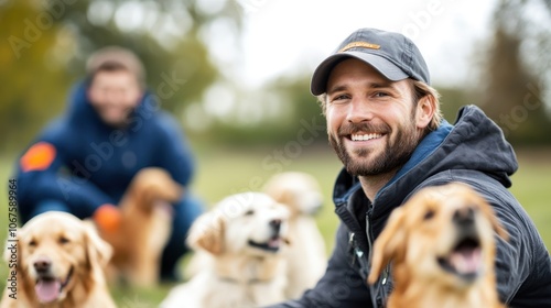 Two men with a group of dogs enjoy a sunny day in the park, highlighting community, outdoor activities, and the joy of pet ownership under clear skies.