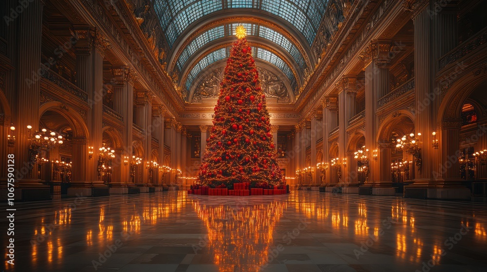 Obraz premium A large Christmas tree stands tall in a grand, ornate hall with a high vaulted ceiling, adorned with twinkling lights and red ornaments.