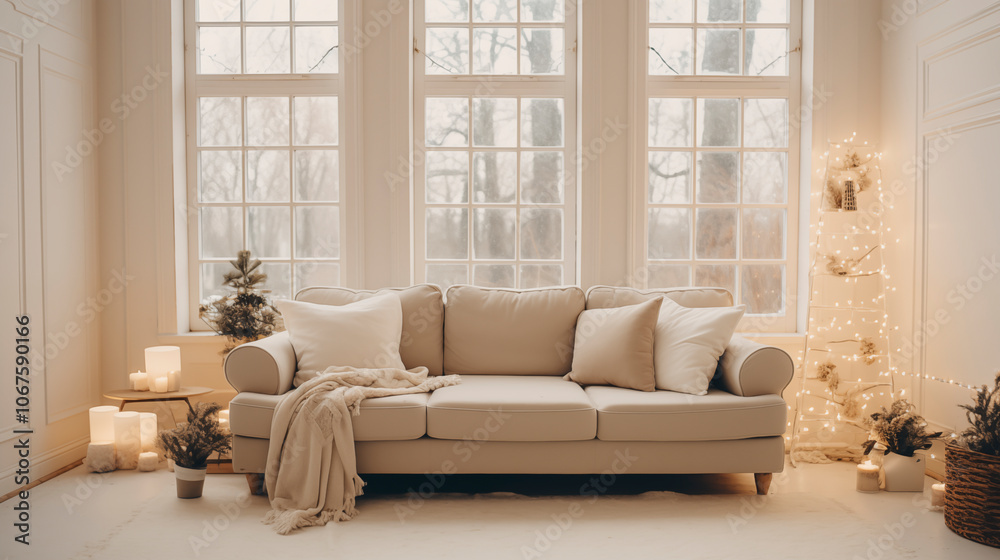 Fototapeta premium minimalist winter living room with cozy sofa, candles, and holiday lights in bright natural light photography style