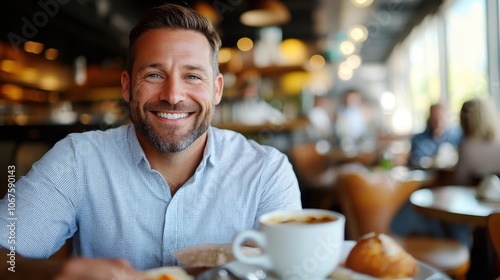 A happy man enjoying a breakfast in a cozy, warmly lit cafe, surrounded by a bustling environment, capturing the joy of a morning meal and social gathering.