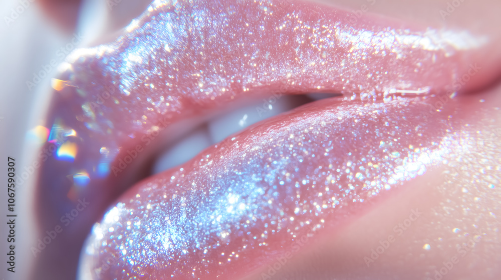 Fototapeta premium Close-up of shimmering glossy lips with sparkling glitter