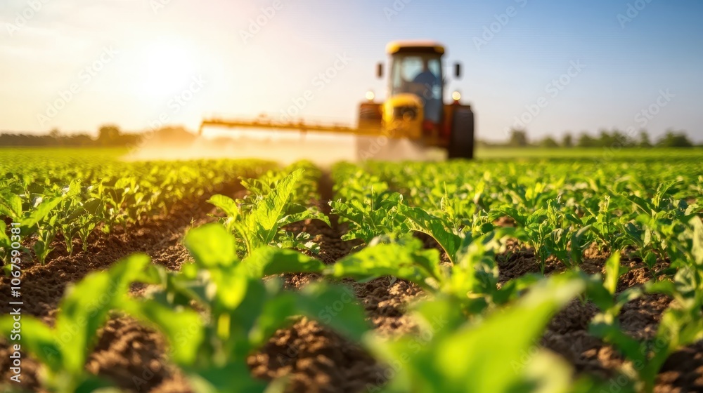 A sunlit agricultural landscape with tractor spraying a fine mist over crops, creating a picturesque scene of modern farming techniques and rural prosperity. A sunlit agricultural landscape with tractor spraying a fine mist over crops, creating a picturesque scene of modern farming techniques and rural prosperity.