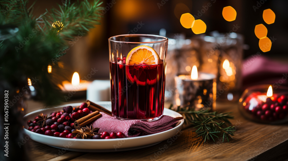 glass of mulled wine with citrus slice, surrounded by holiday decor and candles on wooden table, cozy winter evening setting, bokeh lights in background glass of mulled wine with citrus slice, surrounded by holiday decor and candles on wooden table, cozy winter evening setting, bokeh lights in background