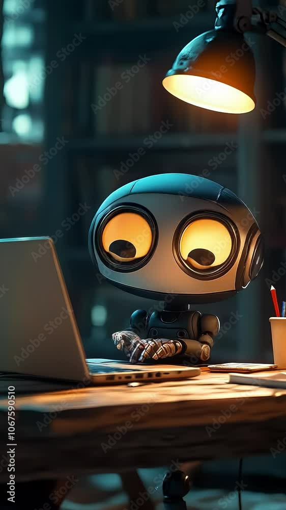 Cute robot working at a laptop. The concept of artificial intelligence and online assistant. Modern technologies of the future. AI chatbots. Vertical video. Cute robot working at a laptop. The concept of artificial intelligence and online assistant. Modern technologies of the future. AI chatbots. Vertical video.