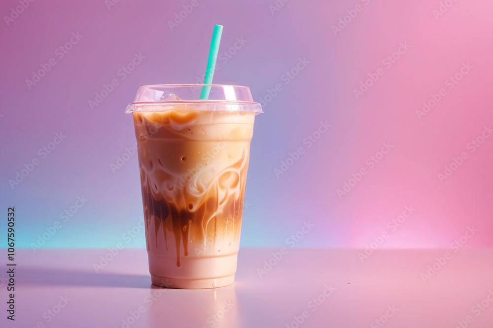 Stylish Iced Latte Drink with Pastel Gradient Background for Café Stylish Iced Latte Drink with Pastel Gradient Background for Café