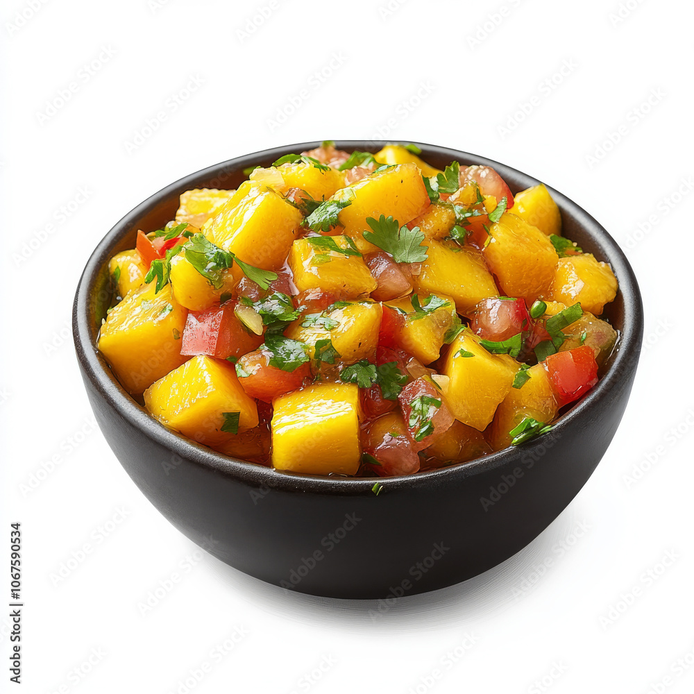 A bowl of fresh mango salsa with diced tomatoes and cilantro, isolated on a white background, emphasizing a vibrant dip