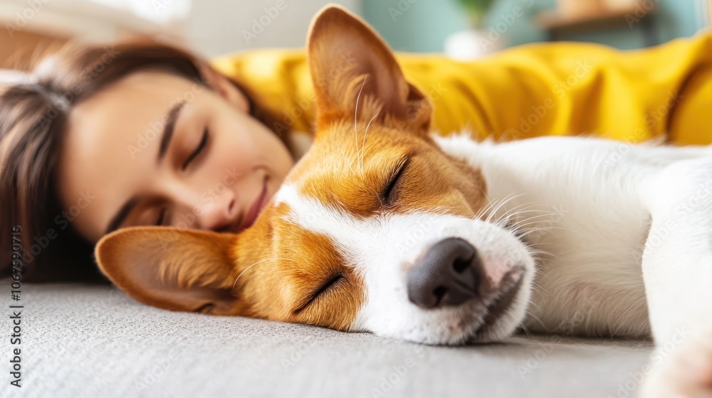 A serene scene capturing a woman and her dog cuddled up, peacefully napping together on a couch, emphasizing the tranquility and bond shared between them. A serene scene capturing a woman and her dog cuddled up, peacefully napping together on a couch, emphasizing the tranquility and bond shared between them.
