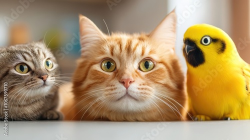 A delightful trio composition featuring two cats and a vibrant yellow parrot posed closely together, highlighting an unusual yet adorable animal friendship. photo