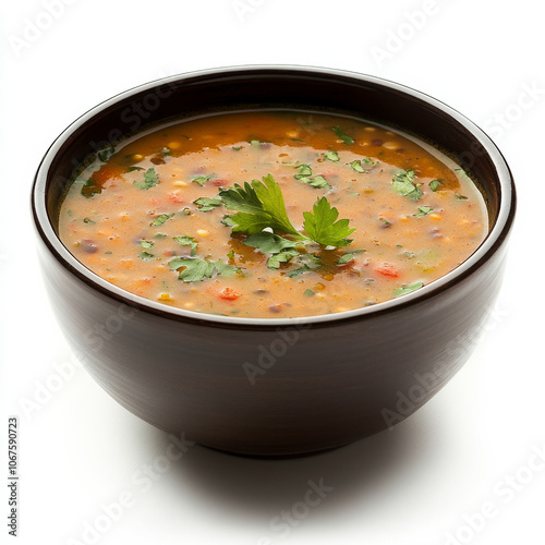 A bowl of lentil soup with fresh herbs, isolated on a white background, showcasing a protein-rich soup