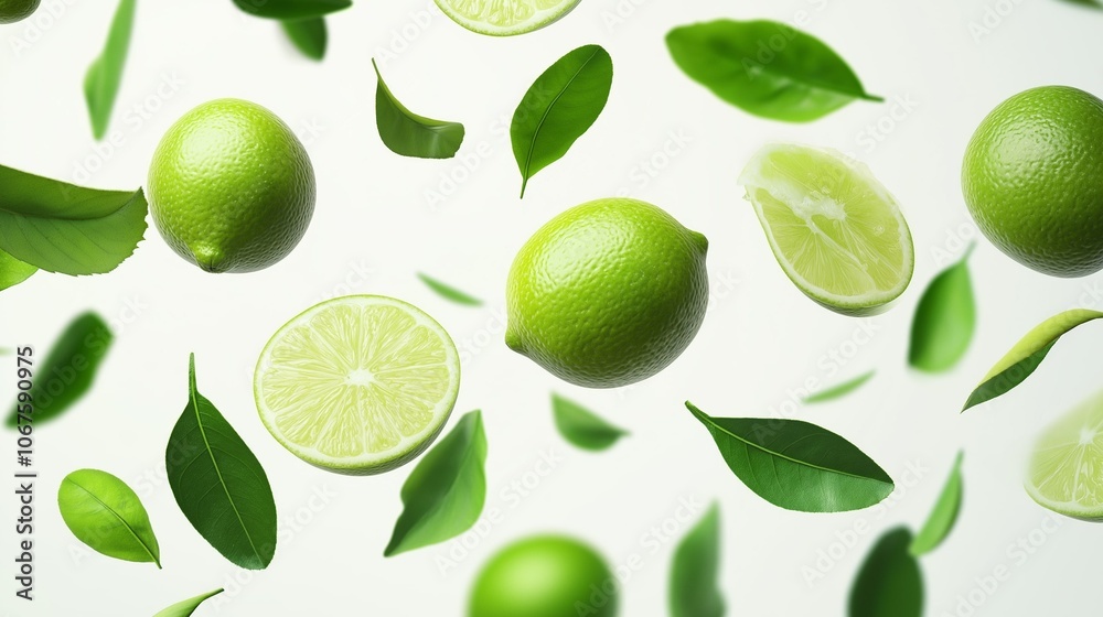 Fresh lime slices with green leaves falling in the air isolated on white background Fresh lime slices with green leaves falling in the air isolated on white background