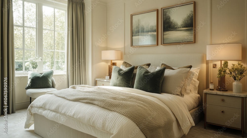 Fototapeta premium Elegant bedroom interior with plush bedding and stylish decor