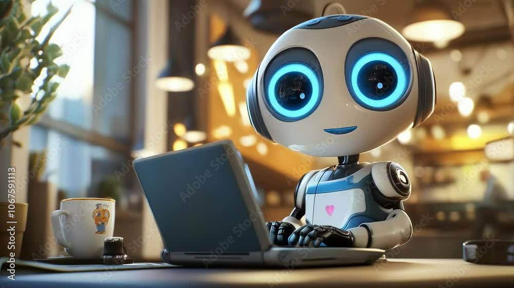 Cute robot working at a laptop. The concept of artificial intelligence and online assistant. Modern technologies of the future. AI chatbots.