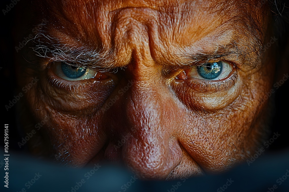 Intense gaze of a weathered face with piercing blue eyes Intense gaze of a weathered face with piercing blue eyes