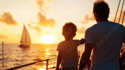 A father and son enjoy a precious moment watching the sun set over the ocean with a sailboat in the distance, capturing the essence of familial love and adventure.