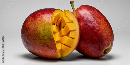 Reife Mango mit leuchtender rot-gelber Schale, eine Hälfte im Hintergrund und die andere aufgeschnitten, zeigt das saftige, goldene Fruchtfleisch in Würfelform, bereit zum Verzehr photo