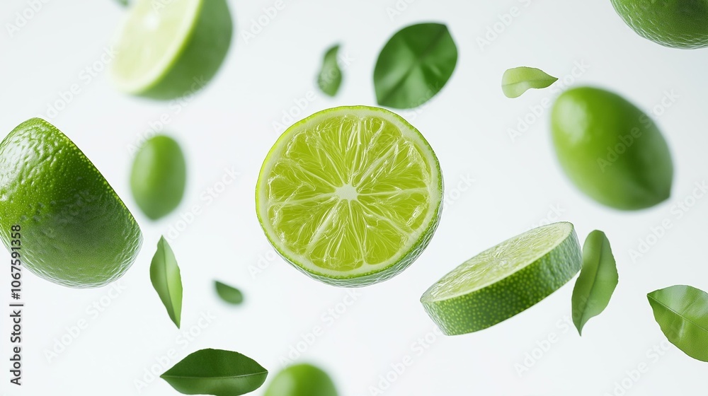 Fresh lime slices with green leaves falling in the air isolated on white background Fresh lime slices with green leaves falling in the air isolated on white background