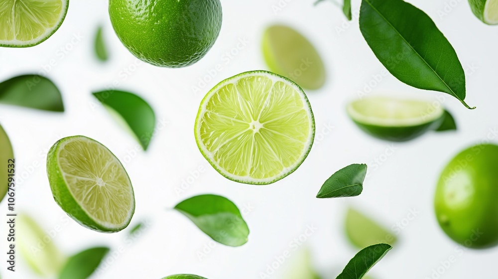 Fresh lime slices with green leaves falling in the air isolated on white background